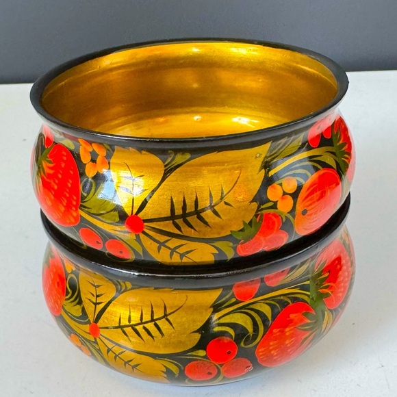 Vintage Other - Vintage Hand Painted Wooden Folk Art Small Lacquered Bowls Strawberry Floral